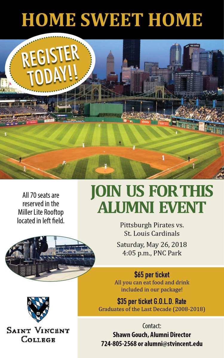 SVC_Alumni's tweet photo. Spend a Saturday at the ballpark with Bearcat Alumni! Watch the Pirates take on the Cardinals from the Miller Lite Rooftop on May 26th! Only $65/ticket, $35 for GOLD Alumni, and this includes all you can eat food and drink! Register by contacting Shawn Gouch via phone or email. https://t.co/MizFJZUHYO