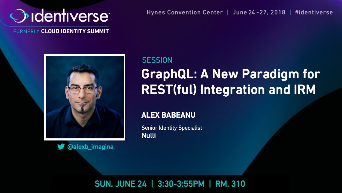 Identiverse's tweet photo. #Identiverse session: #GraphQL: A New Paradigm for REST(ful) Integration & IRM w/ Alex Babeanu, Sr. Identity Specialist at @Nulli_IAM. See the full agenda + join us in Boston, June 24-27 to see @alexb_imagina speak! https://t.co/yi7sKY2klm #cloudidsummit https://t.co/wyAZmECH5I