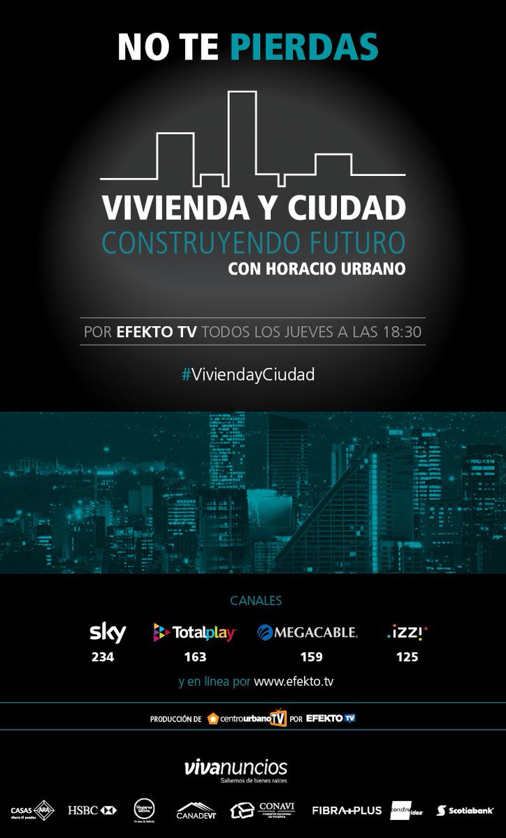 ¡No te pierdas la serie de televisión #ViviendayCiudad de #CentroUrbano! se transmite a nivel nacional todos los jueves a las 18:30 horas por <a href="/EfektoNoticias/">Efekto Noticias</a> a través de los canales 234 de <a href="/skymexico/">Sky México</a>, 163 de <a href="/totalplaymx/">Totalplay</a>, 159 de <a href="/Megacable/">Megacable</a> y 125 de <a href="/izzi_mx/">izzi telecom</a>