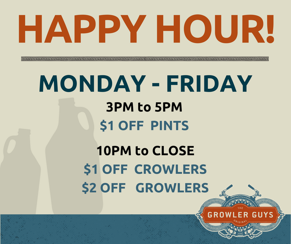 HAPPY HOUR!! We are HAPPY to announce: from 3-5pm M-F, we will have $1 off pints and from 10-close $1 off crowlers and $2 off growlers. Don't forget, trivia tonight as well. 4 crowlers to the winning team! #happyhour #beerthirty #beerandtrivia