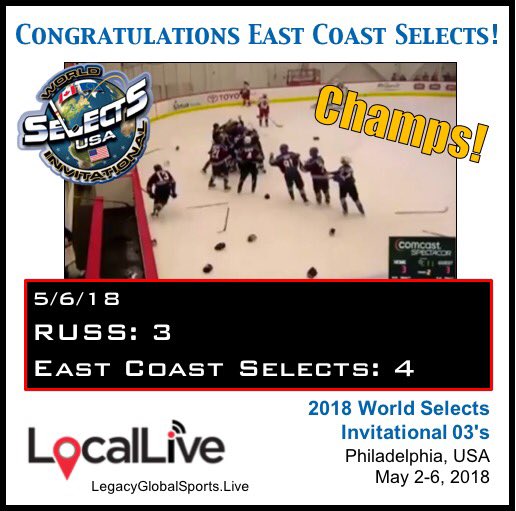 locallivenet's tweet photo. What a tournament! Congratulations East Coast Selects for winning the U-15 World Selects ‘03 #WSI18 Championship. - #TheWorldsWatching #WSI18 @SELECTS_Hockey @LGSHockey @WorldSelectsInv #WSI #hockeytournament #WorldSelects #hockey https://t.co/VBzXkYa6WH