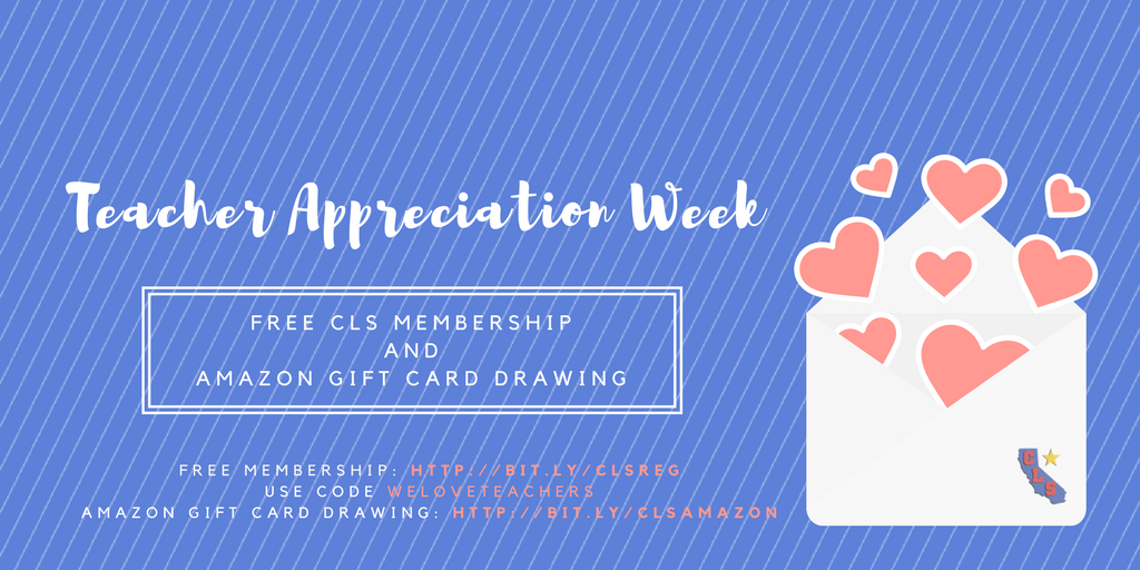 JoinCLMS's tweet photo. Teachers! We appreciate all you do, so this week, we are giving away FREE Individual Memberships &amp; are holding daily drawings for $25 Amazon gc!

Membership: https://t.co/xeF573iWgc Code: WELOVETEACHERS
Amazon Drawing: https://t.co/f7MEMyGxOy 
#caedchat #TeacherAppreciationWeek https://t.co/CkPFX3XPQs
