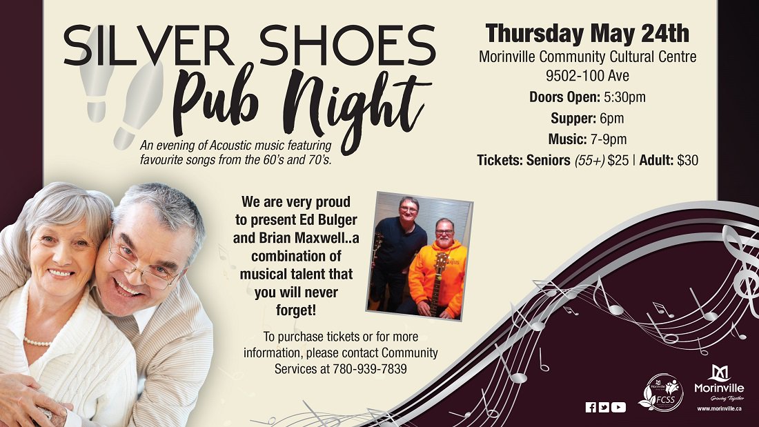 TownMorinville's tweet photo. Do you have your tickets yet? Silver Shoes Pub Night with Ed Bulger and Brian Maxwell is fast approaching | May 24, 2018!  Tickets are available at the Morinville Community Cultural Centre Box Office at 9502-100 Avenue or by calling 780.939.7839! https://t.co/J4mLsFL2UV