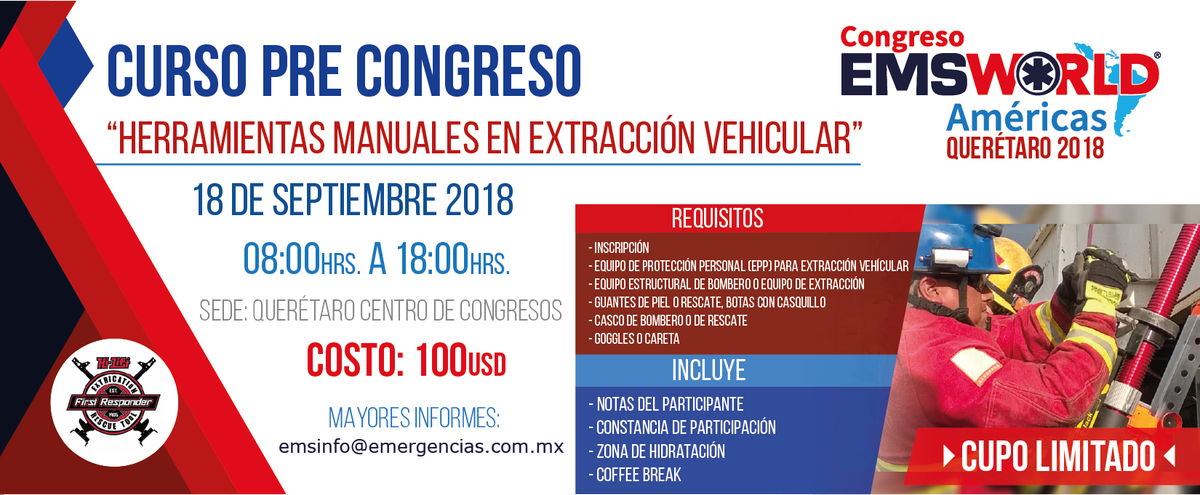 EMSWorld2's tweet photo. Pre-congreso: "Herramientas manuales en extracción vehicular" 

Regístrate en línea ahora: https://t.co/GDaokI394f
#EMSWorldAmericas #EMSQueretaro2018 #HerramientasDeExtraccionVehicular  #MedicinaDeEmergencias https://t.co/4eiuU6m35q