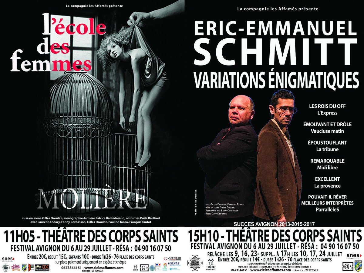 CAffames's tweet image. J-60 festival Avignon du 5 au 29 juillet 2018
11h05 L'école des femmes de Molière
15h10 Variations énigmatiques de Eric-Emmanuel Schmitt
Théâtre des Corps saints
#avignonoff