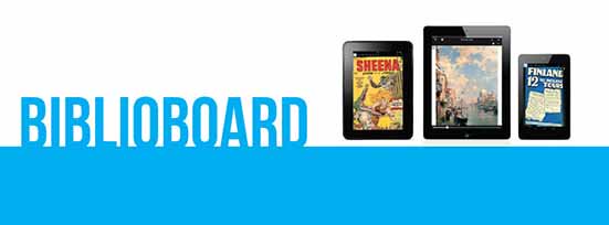 a photograph of tablets with the words biblioboard and a large blue stripe at the bottom of graphic