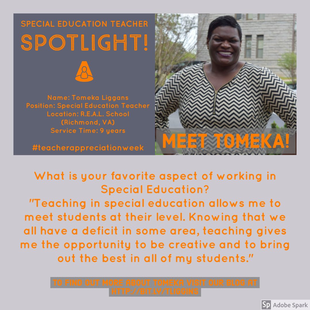 MindWorksCollab's tweet photo. Meet our first Special Education Teacher Spotlight: Tomeka Liggans! She works as a SPED teacher in @rvaschools at the REAL School, a therapeutic day program for students with complex behavioral and emotional challenges! #ThankATeacher #TeacherAppreciationWeek https://t.co/U9gBwKQmN5