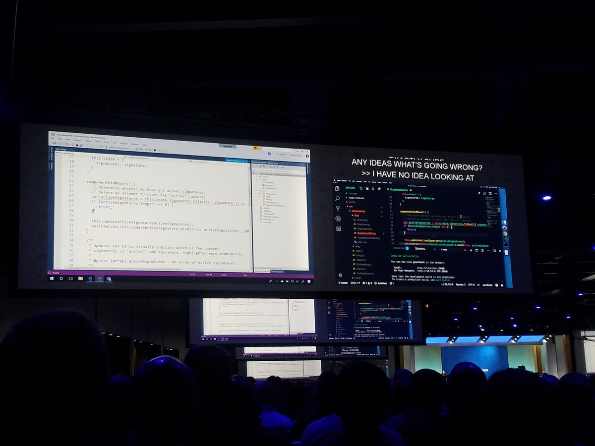 amaya30's tweet photo. Pretty cool demo of #VisualStudioLive at #MSBuild. Pair programming &amp; debugging across devices, OS's, and even editors! Very impressive. https://t.co/mmnzY4kQ2H