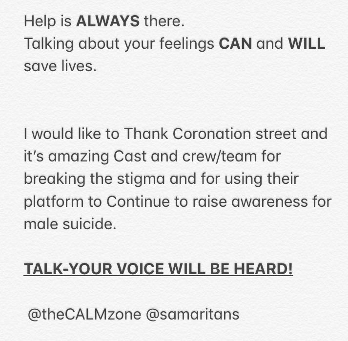 🙏🏻 Love to you All x
<a href="/itvcorrie/">Coronation Street</a> 
<a href="/theCALMzone/">CALM</a> <a href="/samaritans/">Samaritans</a>