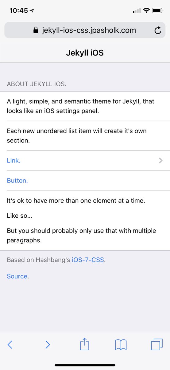 jpasholk's tweet image. Fun little project to distract me from my other @jekyllrb project for a bit. 

Jekyll-iOS is based on iOS-7-CSS by @hashbang.

Not really sure what will come of this, but it’s a fun, cool little project.

#JekyllRB #100DaysOfCode #codeNewbie