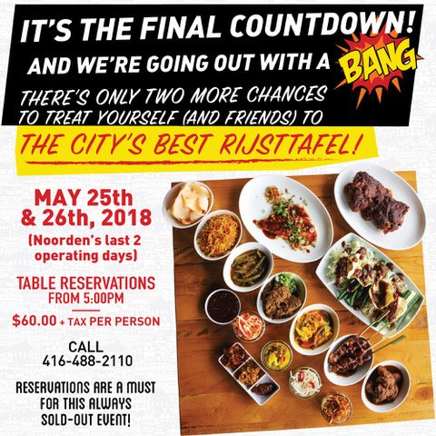 2 weeks and 5 days left until Noorden closes its doors for good. We’re offering our famous rijsttafel on May 25th and 26th, our final two days of operation. Email: info@noordento.com to reserve now! #wethenoorden #noordenfoodbar #noordenisclosing #rijsttafel #ginbar #xxx