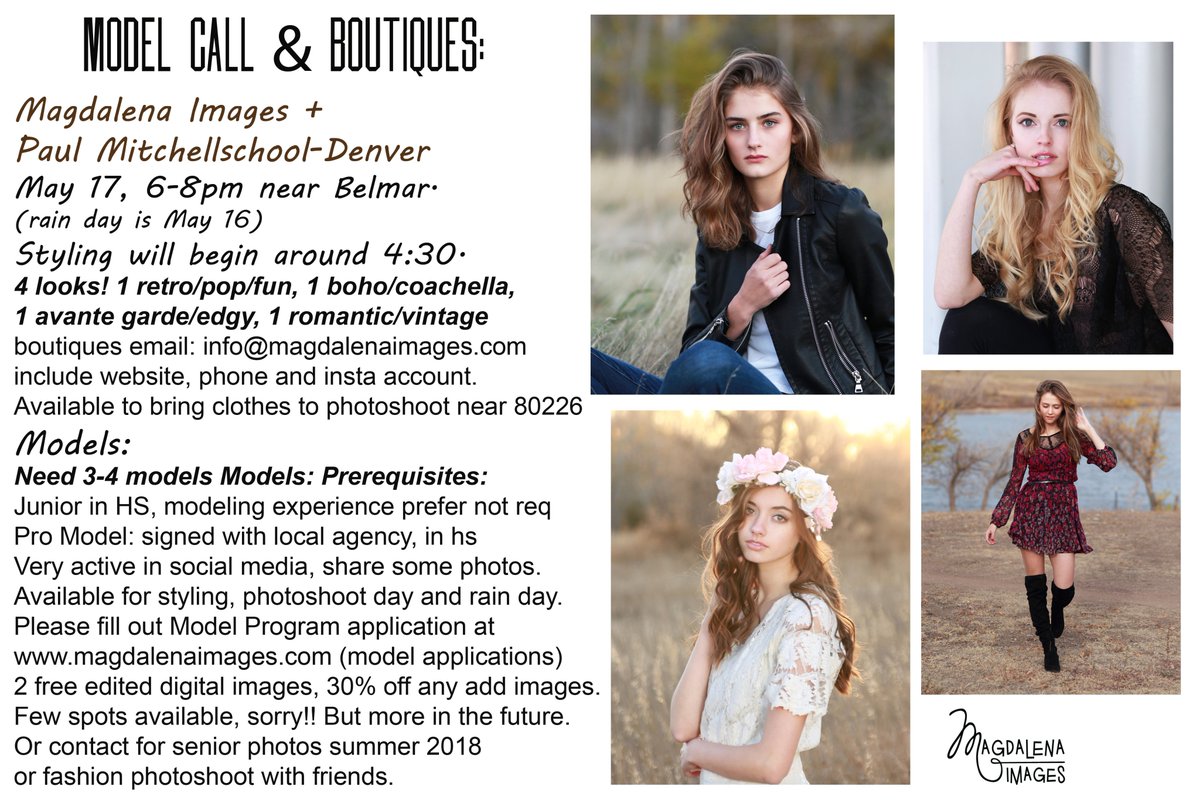 Model and boutique call. Please read pre-requisits and email info@magdalenaimages.com or fill out model application on website magdalenaimages.com <a href="/MagsArb/">Magdalena Images LLC</a>