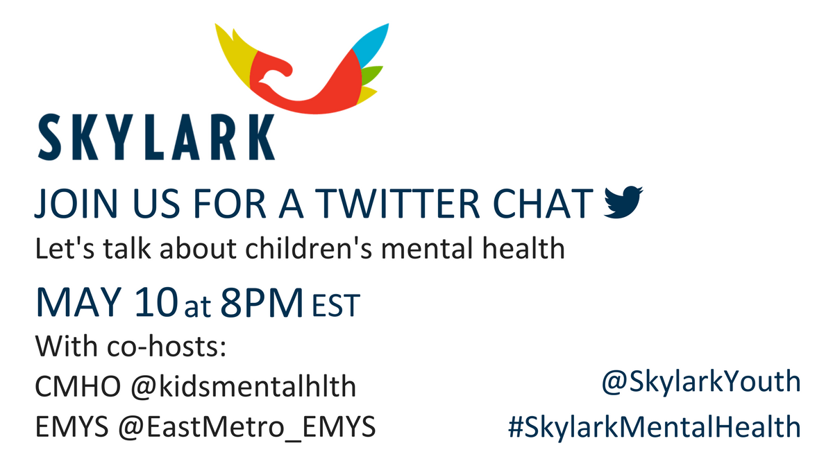 For Children's Mental Health Week, Skylark is hosting a Twitter chat tomorrow at 8pm! Together with @EastMetro_EMYS and <a href="/kidsmentalhlth/">CMHO</a> we'll be talking all things mental health. Hope to see you all there! #SkylarkMentalHealth