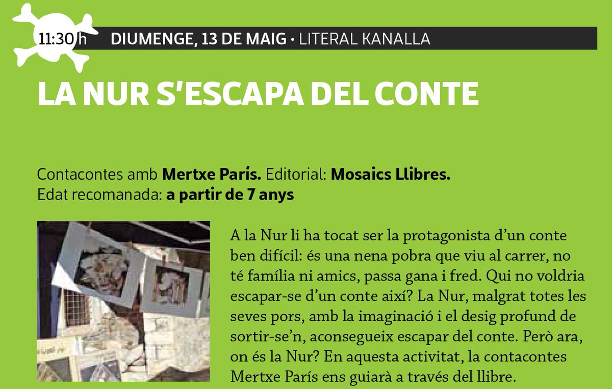 LiteralBCN's tweet photo. Diumenge 13 de maig
11.30 / Literal Kanalla / La nur s’escapa del conte / Mertxe Paris / @MosaicsLlibres –  #infantil +7 https://t.co/env4G2j414