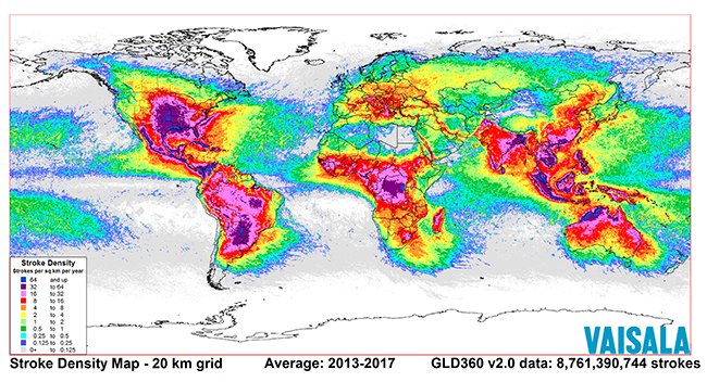 weatherchannel's tweet image. Almost 9 billion #lightning strikes in 5 years on one map. (Credit: @VaisalaGroup) wxch.nl/2wnWLfg