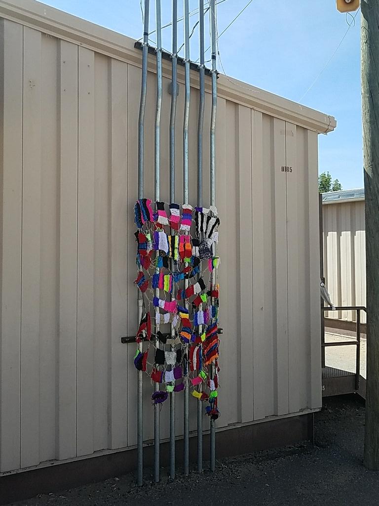 andysclass's tweet photo. Yarn bombing our school. Day 3. #weareNES #yarnbombing https://t.co/Z3IKGz4SgE
