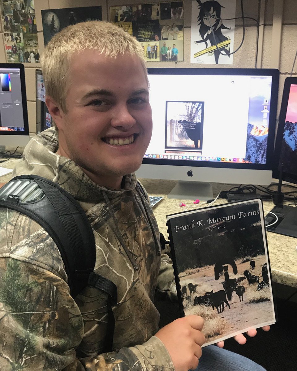 DDClass's tweet image. Caleb Chapman, AHS Senior, used a combination of his Adobe Photoshop and Adobe InDesign skills to create a booklet about the history of Marcum Farms which he will provide to family members.