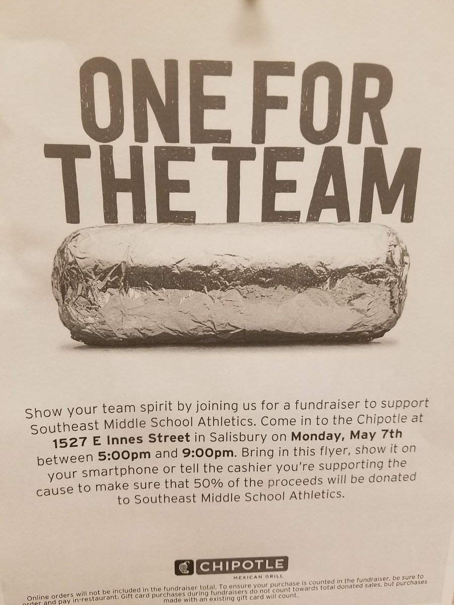 SoutheastMiddle's tweet photo. Remember, come out to Chipotle on Innes Street by Buffalo Wild Wings tonight between 5 - 9 p.m. Southeast Athletics will receive 50% when you mention us when paying. @SEMSPatriots @mikelondonpost3 https://t.co/NYg5NuJH2x