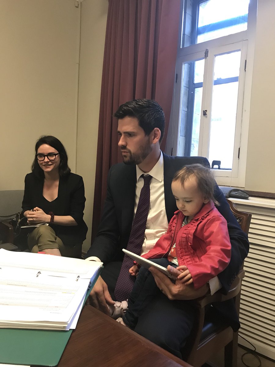 BernJordanCG's tweet photo. This is what a meeting looks like when mom has another meeting and daycare isnโt available. Way to go @SeanFraserMP for bringing Molly along to our meeting this morning. Maybe someday she will take your seat! #workingparents #PeppaPig https://t.co/uxSxIxF6Fb