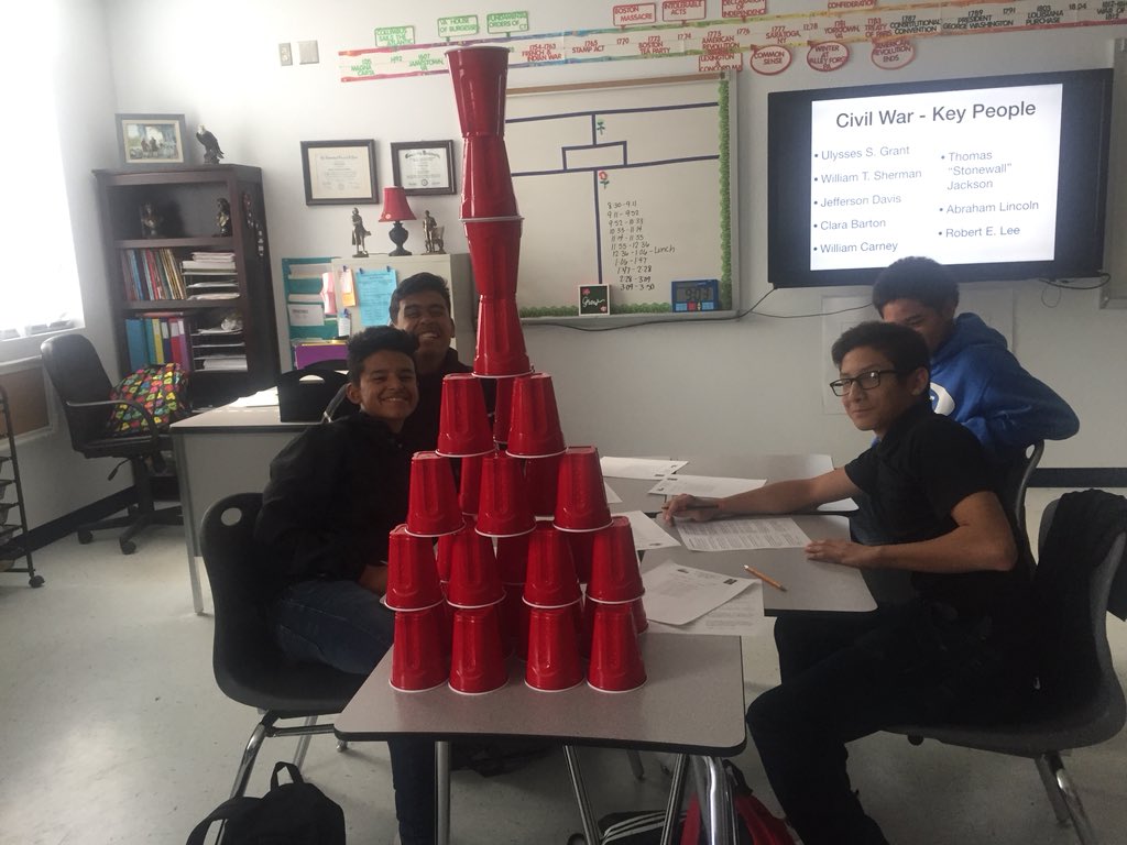 REMS 8th graders Cup Stacking Races to review Civil War vocabulary #RockTheSTAAR