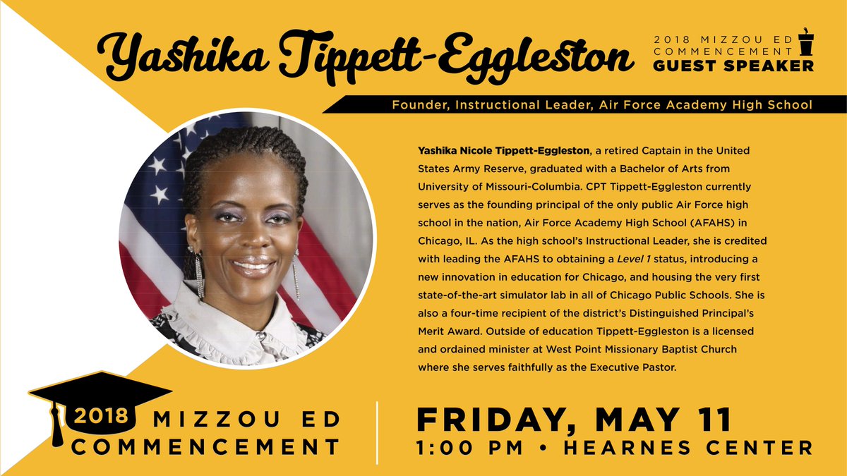 MizzouEducation's tweet photo. The University of Missouri College of Education undergraduate commencement  ceremony takes place  at 1 p.m. Friday, May 11 in the Hearnes Center. Yashika Tippett-Eggleston will be the guest speaker. 
For more details, visit: https://t.co/kFE2YenaQr https://t.co/NRZWTD7UT5