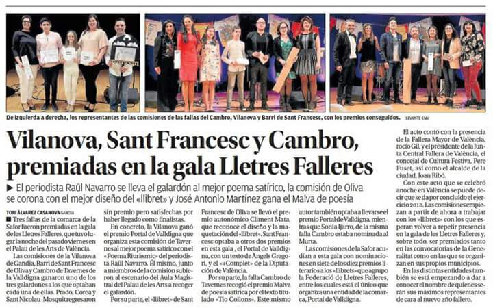 Ací mostrem la notícia publicada al <a href="/levante_emv/">Levante-EMV</a> amb les fotografies corresponents dels premiats a la festa de <a href="/LletresFalleres/">Lletres Falleres</a>