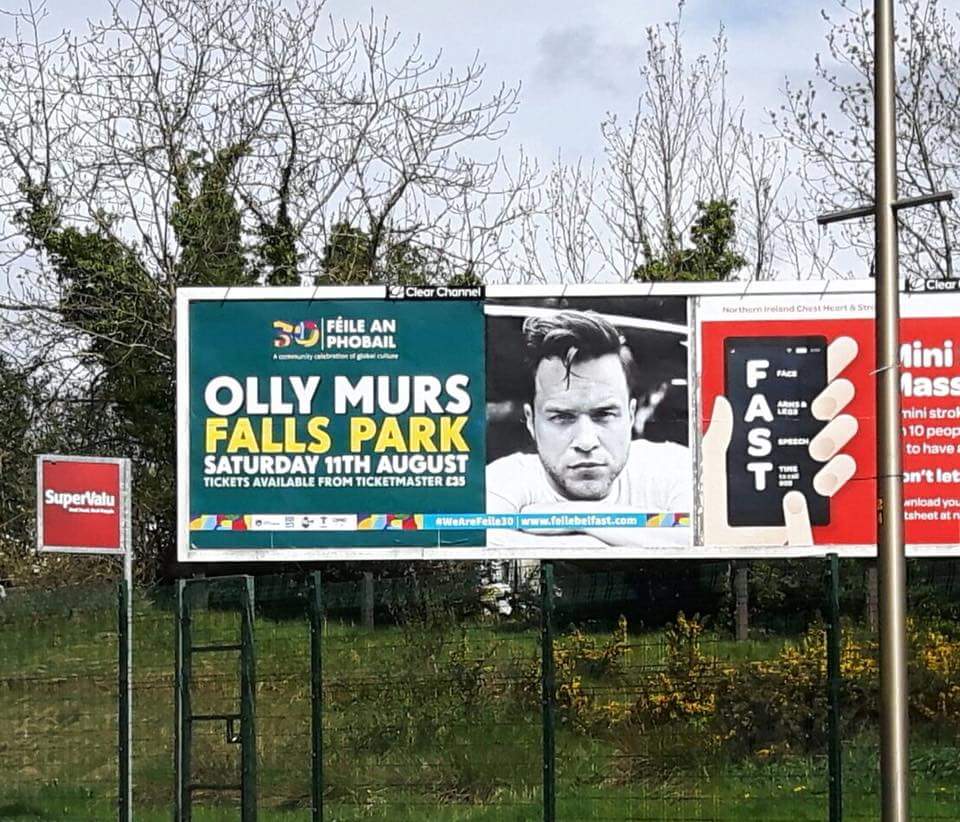 We cant contain our excitement seeing these Billboards all over the city
@ollyofficial comes to West Belfast on Saturday 11th August to play in the new 10,000 capacity event space in Falls Park
Tickets avail from <a href="/TicketmasterIre/">Ticketmaster Ireland</a> stores and online!!

#wearefeile30