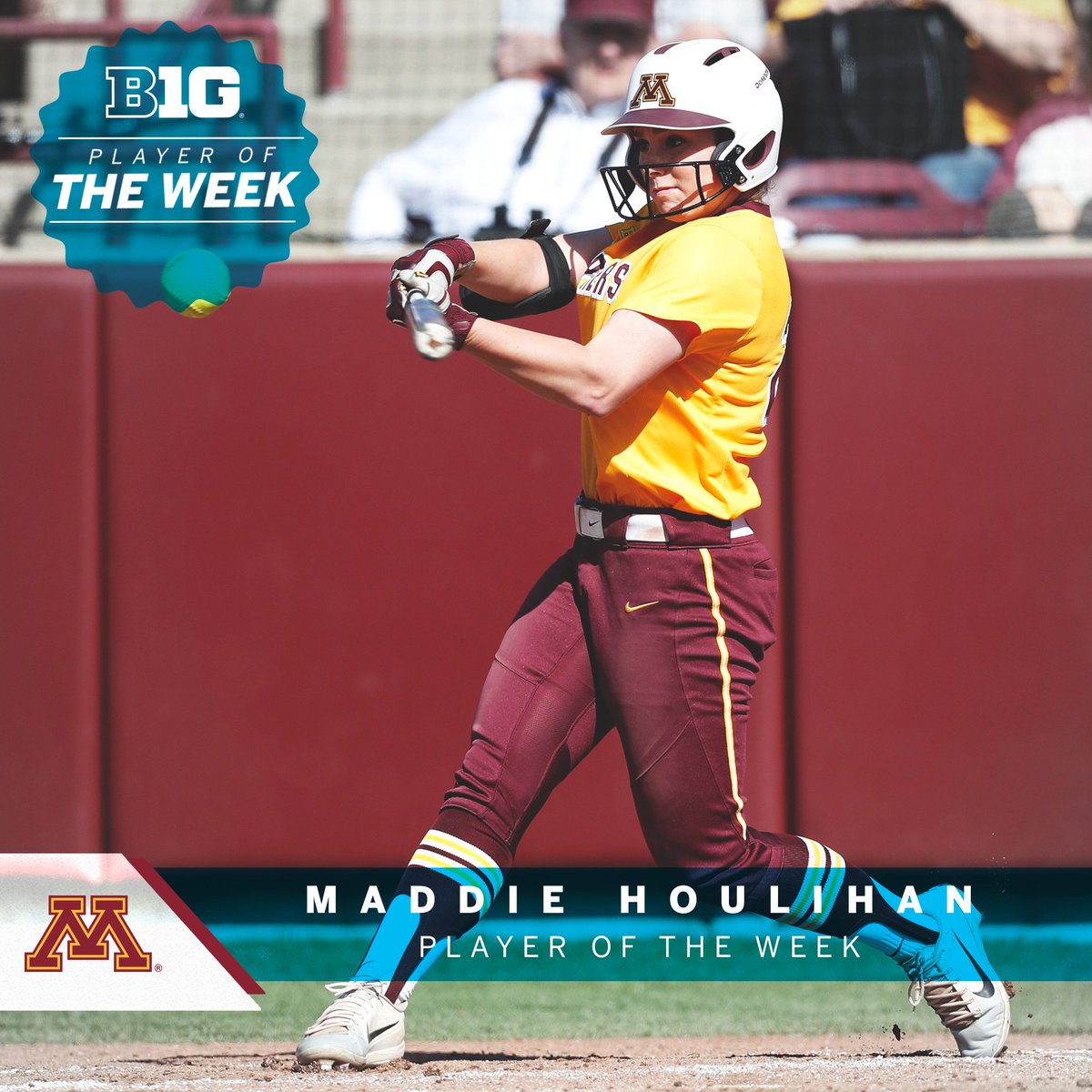 Maddie Houlihan of <a href="/GopherSoftball/">Minnesota Softball</a> is the #B1GSoftball Player of the Week with a .500 BA, .500 OB%, .889 SLG%, 2 HR, 11 RBI and 5 runs scored to help Minnesota to four wins in five games last week