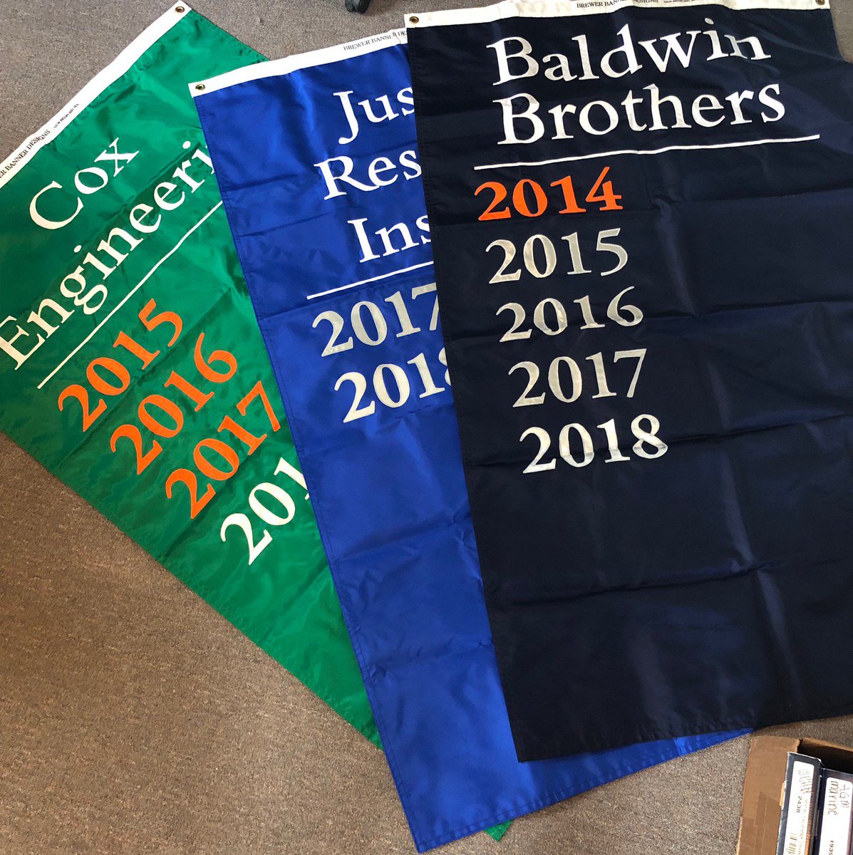 cbcnewbedford's tweet photo. Getting our sponsor flags ready for Opening of the Bay! These are going to look amazing hanging in tent. A huge thank you to Cox Engineering Company, Justice Resource Institute and Baldwin Brothers for the years of commitment and support! #cbcnb #ootb2018 https://t.co/t7IkeBNXIP