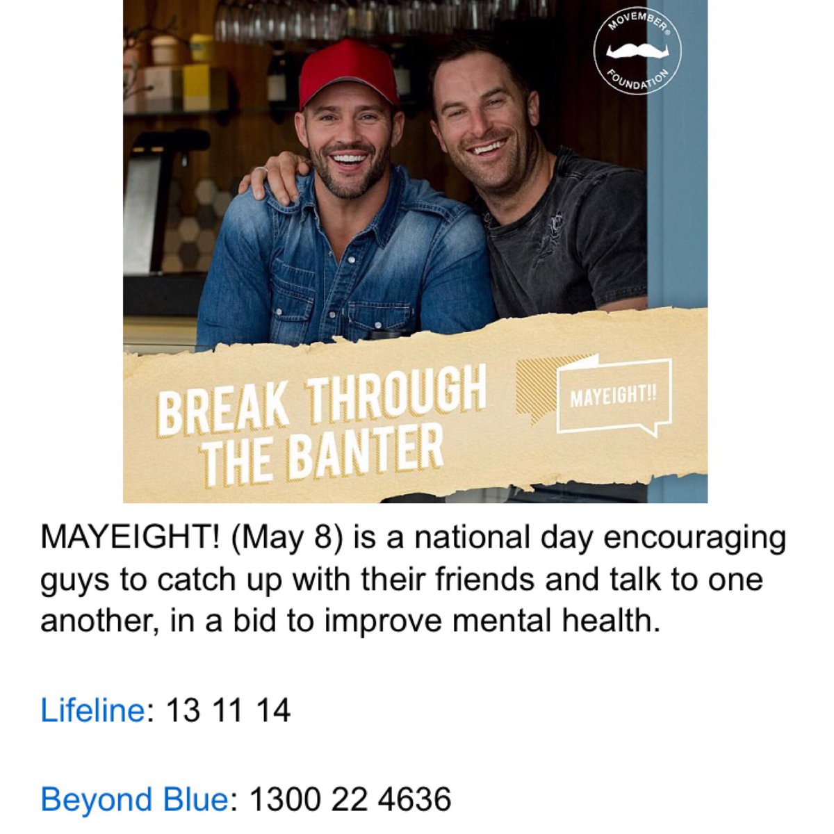 jenniferhoward_'s tweet image. It’s MAYEIGHT! (May 8) @MovemberAUS 

👌🏽Great little article by @DailyMailAU kudos to the team for applying @MindframeMedia and publishing a safe discussion about mental health + promoting helplines via @LifelineAust and @beyondblue 
#movember #mentalhealth #helpseeking #mates