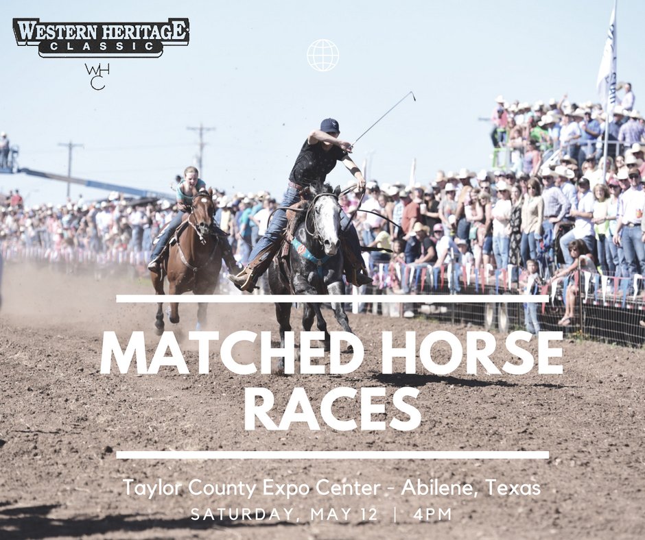 Don't miss the Matched Horse Races happening this Saturday, May 12 at the Taylor County Expo Center- Abilene, Texas! Western Heritage Classic full schedule of events listed in the link below! 
westernheritageclassic.com/p/events/246
