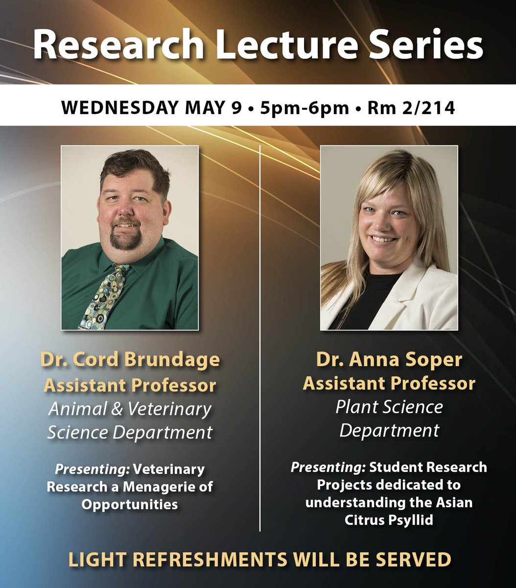 CPPAgri's tweet image. The spring edition of our #ResearchLectureSeries is at 5 p.m. on Wednesday.
Come hear about opportunities in #veterinary #research and the latest findings about the #AsianCitrusPsyllid.