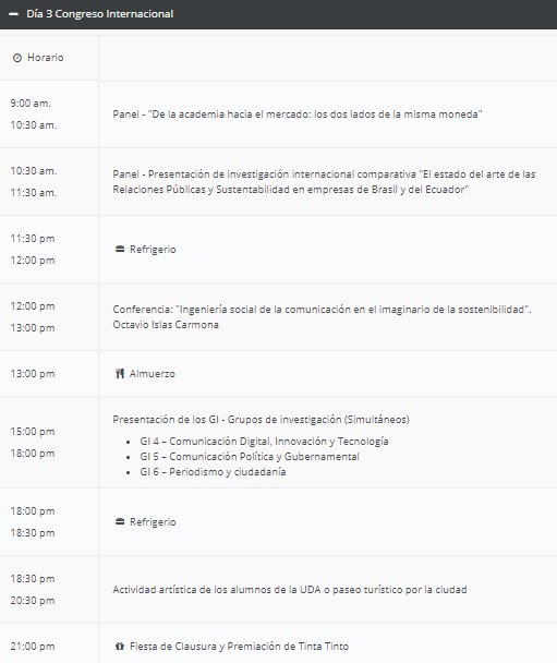 congreso_cicom's tweet photo. Cronograma día #3 del 8 de junio de 2018: Congreso internacional  para profesionales y estudiantes de  #comunicación. Más información en https://t.co/IUdj9O7pZn #CICOM #CICOMsostenible @uazuay https://t.co/84z8sIAi7p