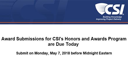ATTENTION: CSI's Honors and Awards Program submissions are due today before Midnight Eastern. Recognize members for their contributions to the community and industry at-large. bit.ly/CSIHonorsandAw…