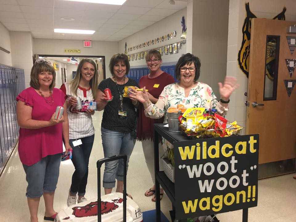 CassvilleSchool's tweet photo. It is #TeacherAppreciationWeek and today the Wildcat Woot Woot Wagon rolled through the intermediate and middle school! Staff were treated to snacks, cheers and lots of love! 😺#loveMOschools https://t.co/NHgJvqmAzm