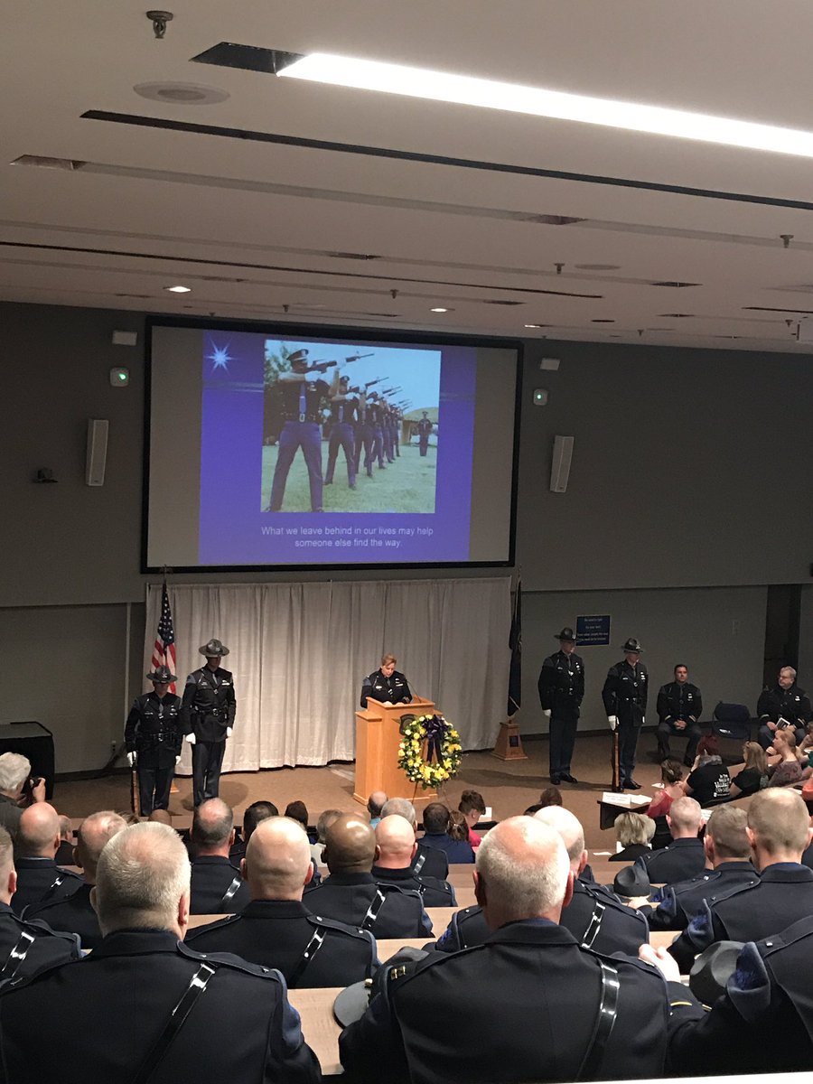 MichStatePolice's tweet photo. Today we honored the department's 53 fallen troopers at the 15th Annual Fallen Trooper Memorial Service in Lansing. #RIP #ThinBlueLine https://t.co/NoPaVFbzx4
