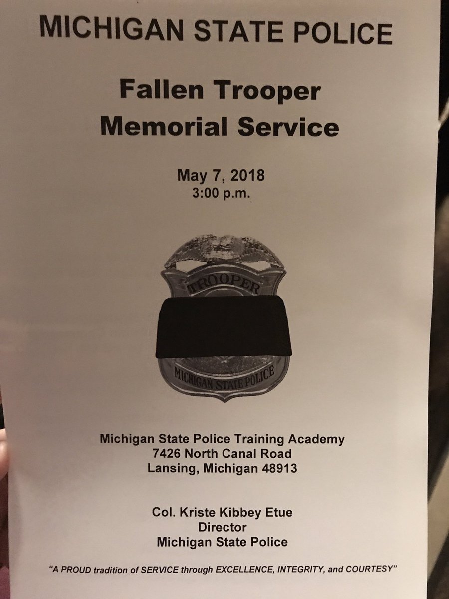 MichStatePolice's tweet photo. Today we honored the department's 53 fallen troopers at the 15th Annual Fallen Trooper Memorial Service in Lansing. #RIP #ThinBlueLine https://t.co/NoPaVFbzx4
