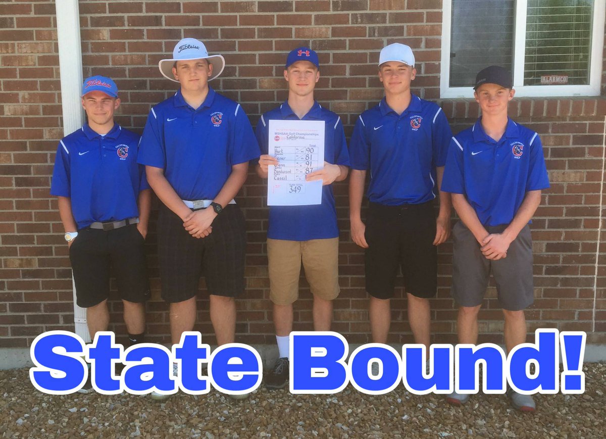 PintosAthletics's tweet photo. STATE BOUND! Boys Golf wins the Class 2 Sectional at Versailles today, advancing to the State Championship meet May 14-15 at Meadow Lake in New Bloomfield! #PintoStrong https://t.co/0nvFp3tzV2