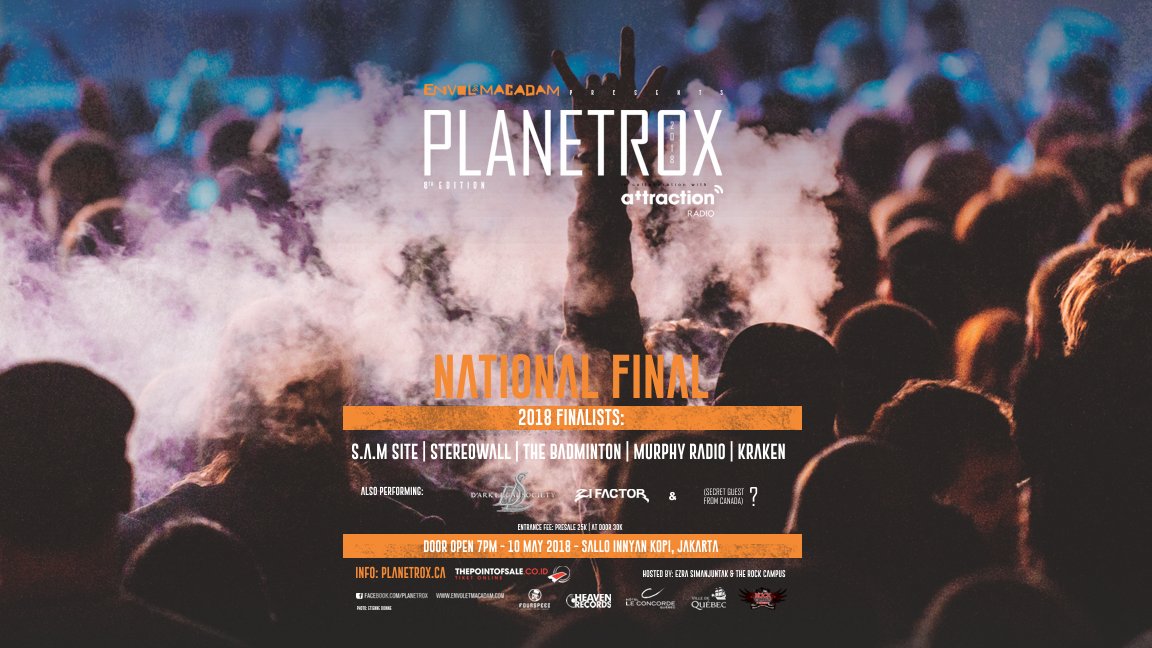 PlanetroxID's tweet photo. Planetrox Indonesia 2018 - National Final will be held on May 10 at @salloinnyankopi Tebet ,Jakarta. We're gonna choose one Indonesian band to perform at @EnvoletMacadam Fest in Quebec,Canada. Be there! https://t.co/LSYaBvEsuA