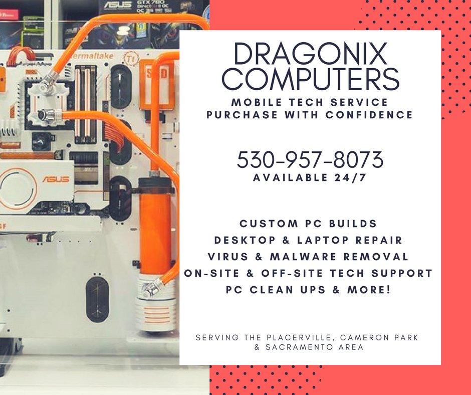 DragonixPC's tweet photo. Looking for a computer tech? Look no further! Call Dragonix Computers today at 530-957-8073 to learn more about our services. Dragonix computers is also a mobile tech company so we will come to you. #mobileservice #computer #custompc #PCbuilds #GamingSetup #GamingPC #ASUS https://t.co/xD3kjzLgAp
