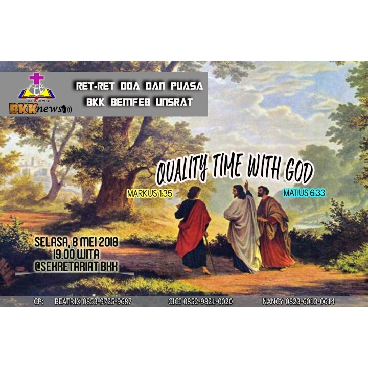 Syalom..
Diinfromasikan bahwa pada hari ini Selasa,8 Mei 2018 akan diadakan Ret-ret Doa dan Puasa di Sekretariat BKK.

Tuhan Yesus memberkati😊