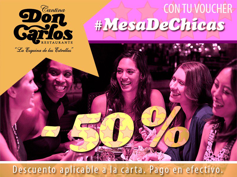 Pedí tu voucher para #MesaDeChicas y vení junto a tus #AMIGAS a @DonCarlos_Resto nuestro <a href="/RestoFavorito/">#RestoFavorito</a> el #RestoDeLasEstrellas. #Promocion del 50% de #DESCUENTO en el #CONSUMO (incluye bebidas sin alcohol). Da RT, comentá, seguinos y seguí a Don Carlos #NoTeLoPodesPerder