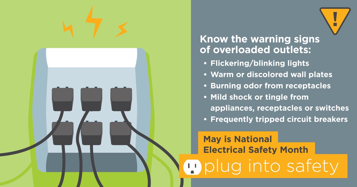 CoopNation's tweet photo. Overloaded outlets? You’re playing with fire! If you’re experiencing any of these warning signs, call a certified electrician. #ElectricalSafetyMonth #NESM https://t.co/nkOUFexSvv