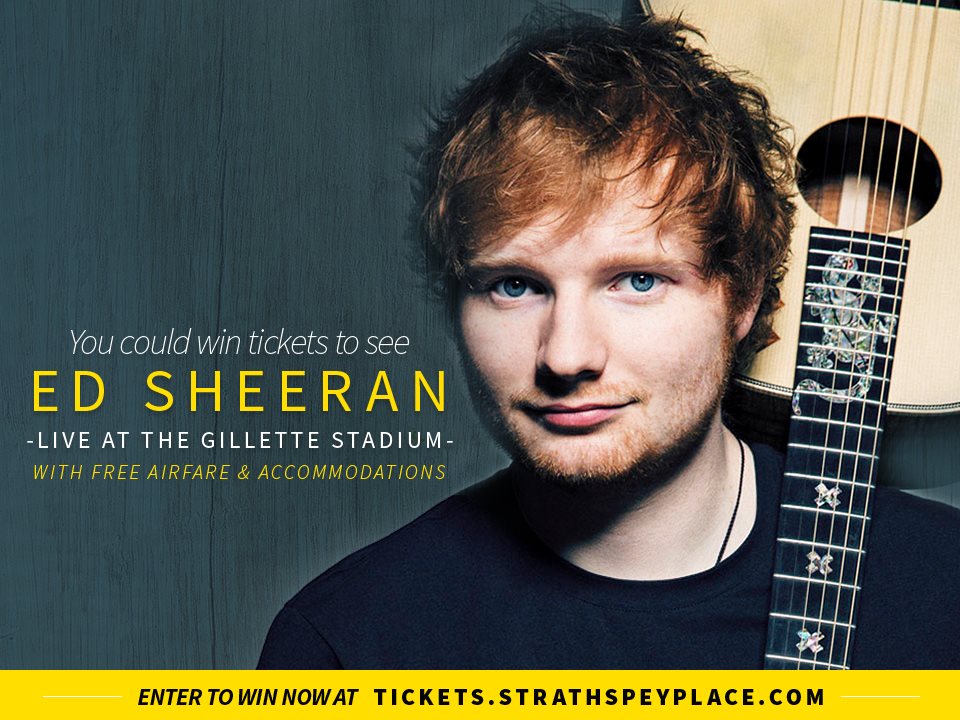 StrathspeyP's tweet image. JUST ANNOUNCED! Want to see @edsheeran live at the @GilletteStadium with free airfare and accommodations? Here's your chance! Tickets are $10, or 3/$25 with the draw being held LIVE on @1015_The_Hawk on August 6. tickets.strathspeyplace.com/TheatreManager…