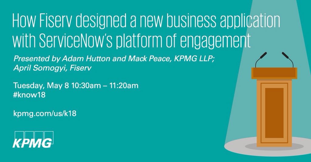 sitare21's tweet photo. @KPMG_US &amp; @Fiserv will discuss the do’s, don’ts, opportunities and pitfalls of custom application development on the ServiceNow engagement platform at #Know18. https://t.co/ltvzeEtjIr
