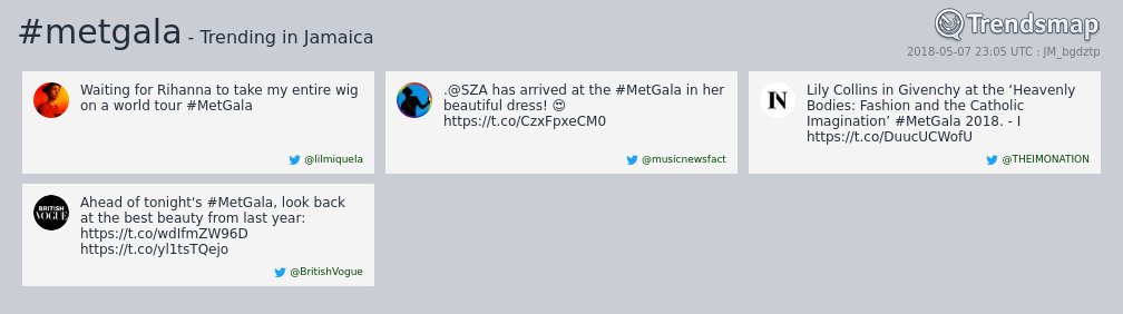 TrendsJamaica's tweet photo. #metgala is now trending in Jamaica

https://t.co/hlObPwtdwu https://t.co/8rSNWHf05I
