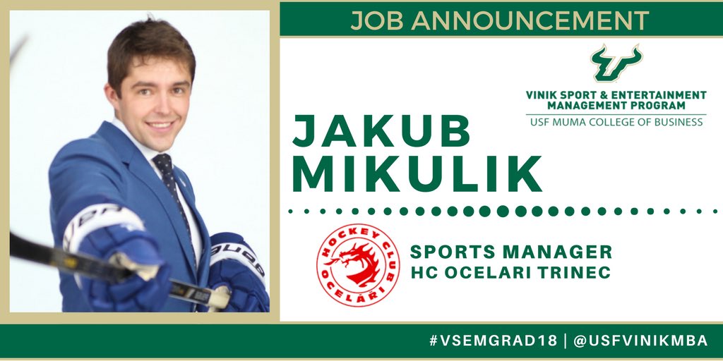 USFVinikMBA's tweet photo. JOB ALERT: Congratulations to Jakub Mikulik who joins HC Ocelari Trinec (@hcocelaricz) as a Sports Manager! #VSEMGrad18 https://t.co/flcYn5SWf1