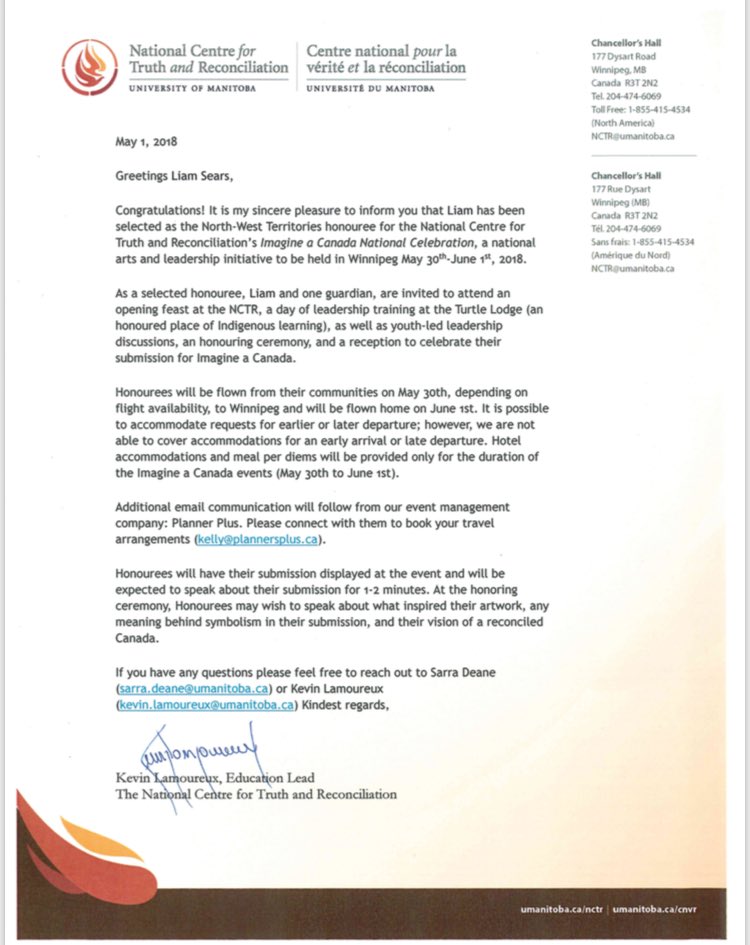 BonnieSears20's tweet photo. Proud of my son Liam who is being honoured in Winnipeg for his art as a #Tlicho youth from the #NWT @NCTR_UM @KevinLamoureux #DenePride https://t.co/f9NVMItDqX