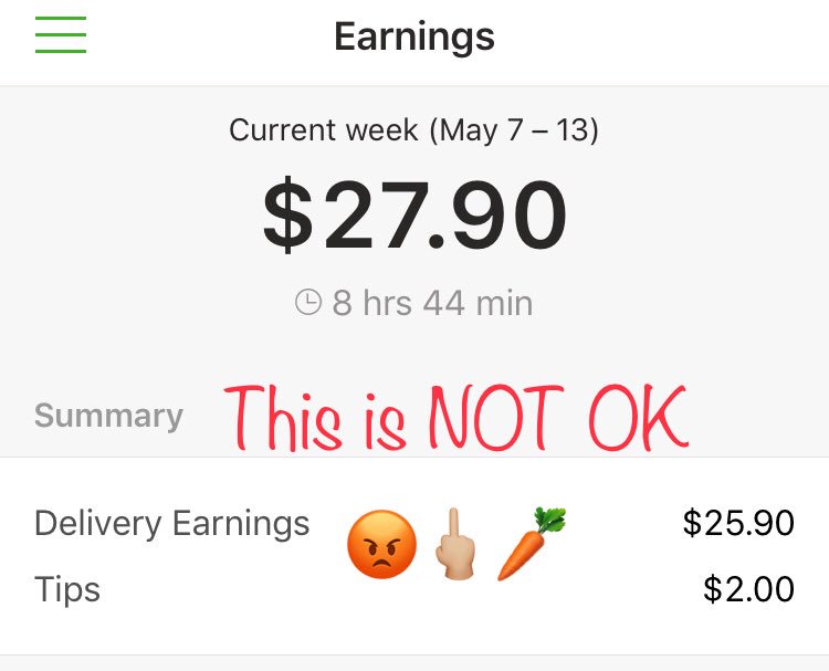 InstacartS's tweet photo. @Instacart I wasted the entire day &amp; put 65 miles on my truck to make this happen. Subtract $10 (gas), 15% (taxes), divide by 8.75 (hrs), I made $1.57 per hour today. 

Before you dropped our base rate from $12 to $4 &amp; defaulted tips to 5%, this would’ve been at least a $60 day. https://t.co/sRc0lzVDd3