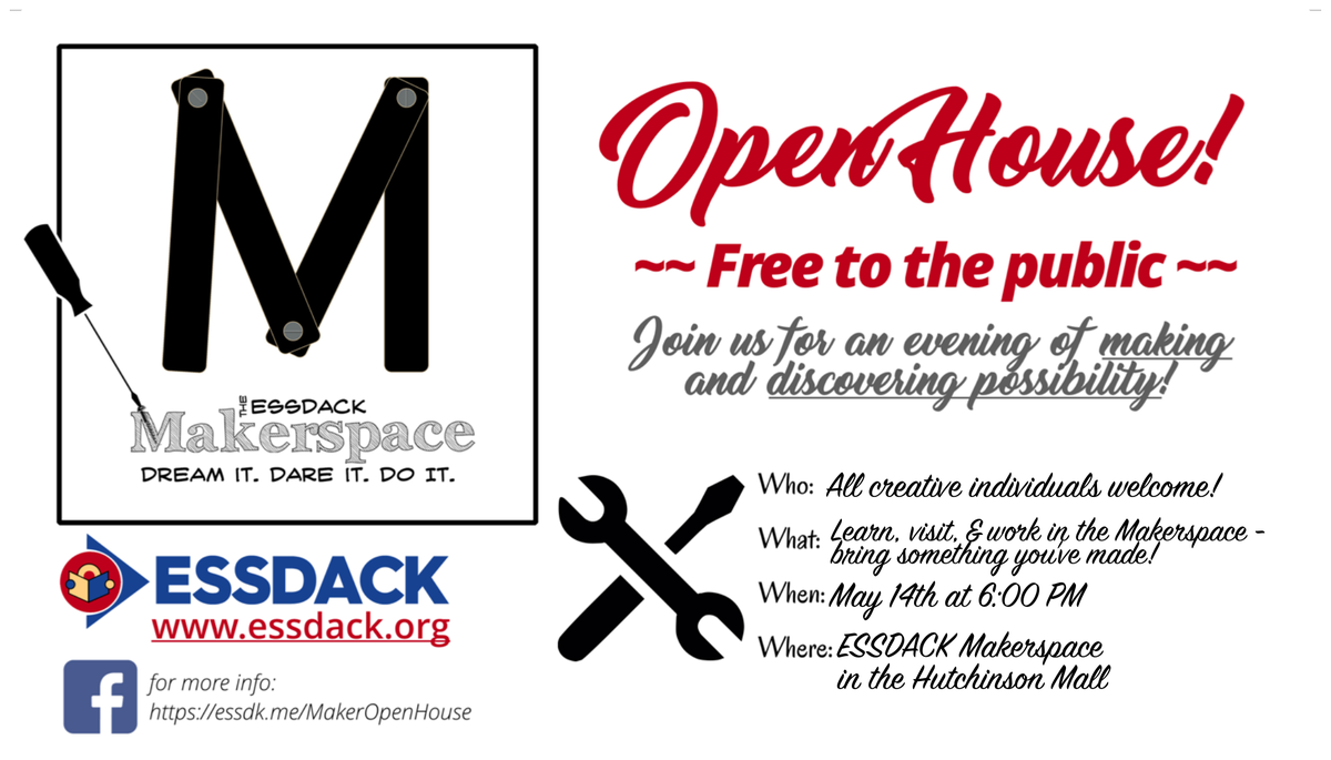 EssdackMakers's tweet photo. We're having an open house! Come by to visit, learn, and create - bring your own projects and expertise to show and share! 💡 https://t.co/YM6aucNRmb https://t.co/FTQ6UvcKxr